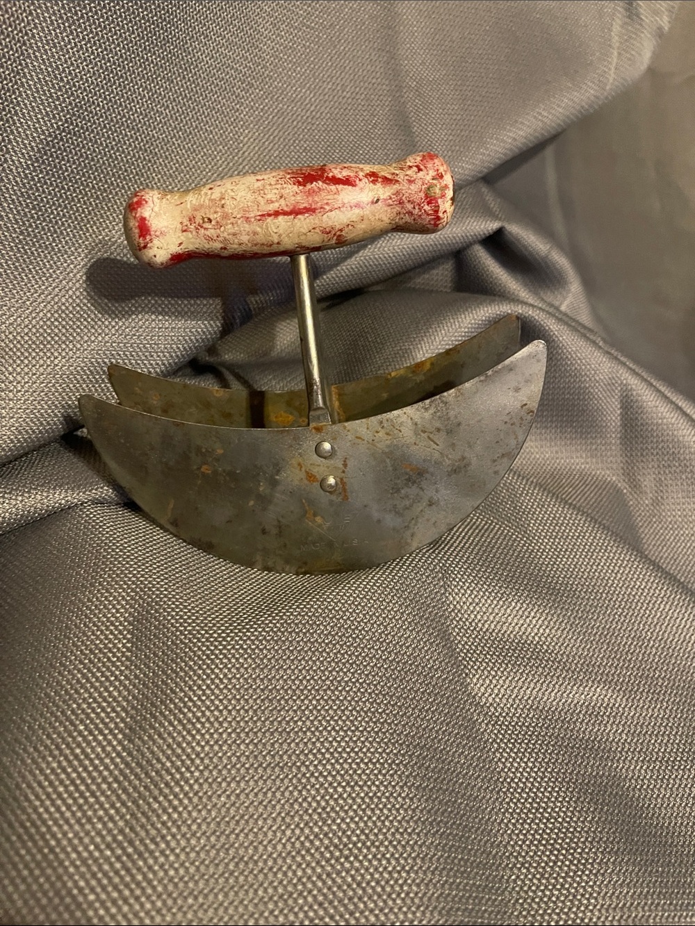 old kitchen tool distressed red wood handle double blade chopper decorative